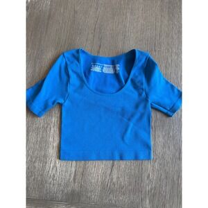 Primark Cares Blue Crop Top Short Sleeve Scoop Neck Ribbed Knit size small